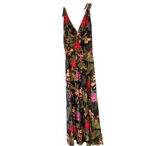 VENUS Dark Brown Maxi Dress with Red and Pink Floral Design